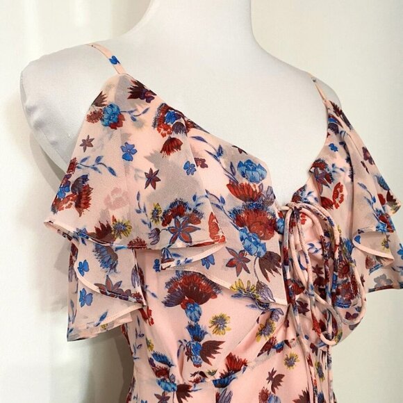REBECCA MINKOFF MARLA PINK FLORAL RUFFLE LACE UP LAYERED MINI CHIFFON DRESS - Picture 4 of 9